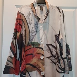 Ali Miles Artsy Tunic Top XL White Tropical Floral Gauzy Wire Collar Jacket